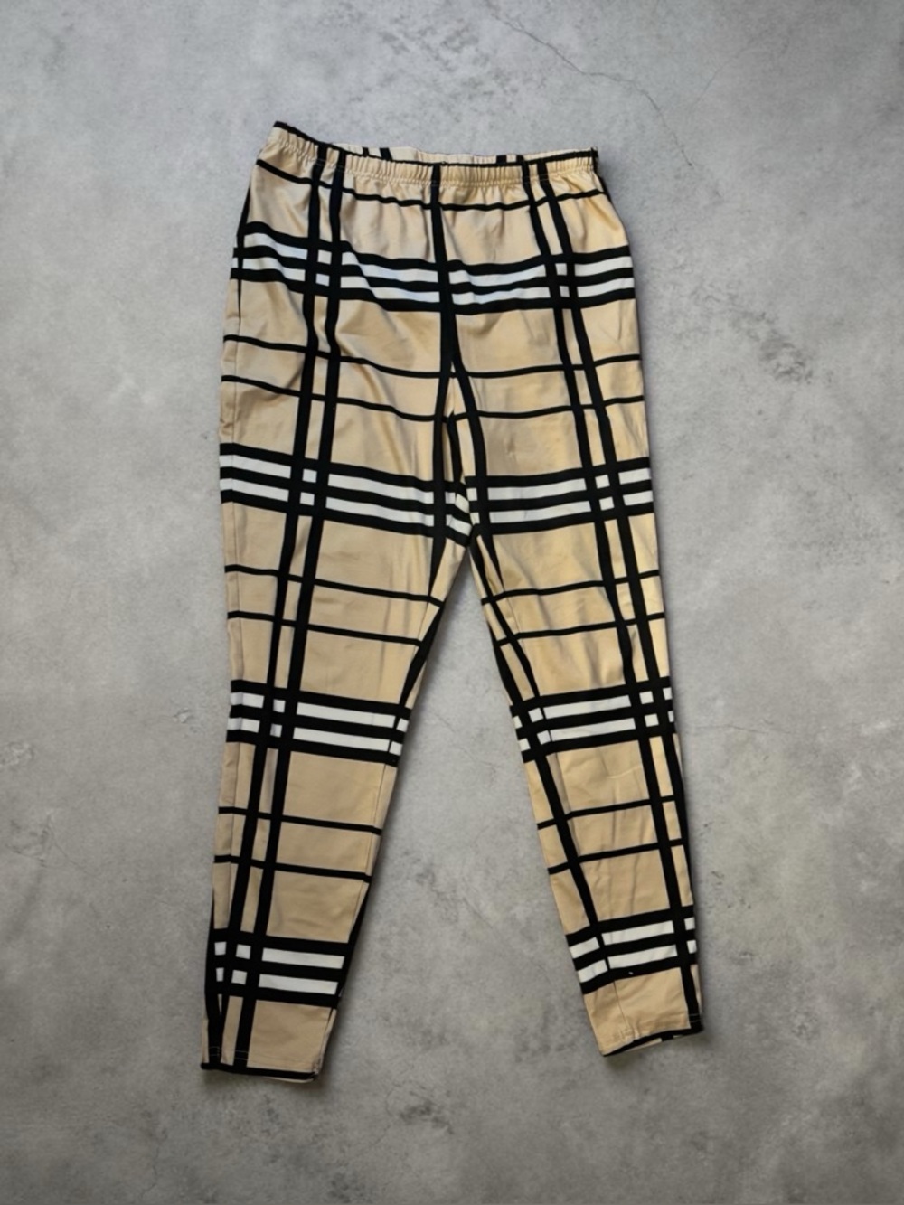 SHEIN Beige Plaid Wide Leg Jumpsuit with Black & White Grid